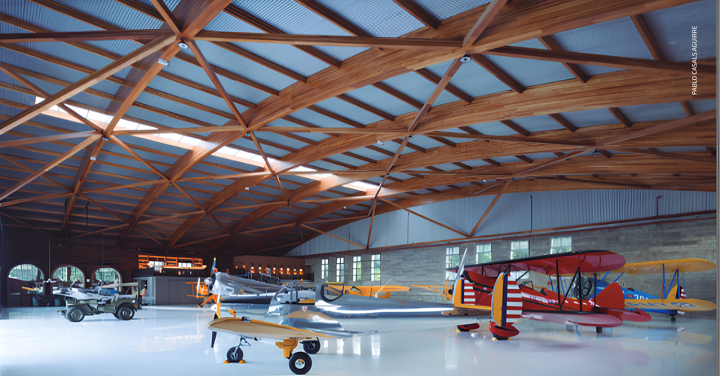 Estrutura de madeira para museu em hangar.